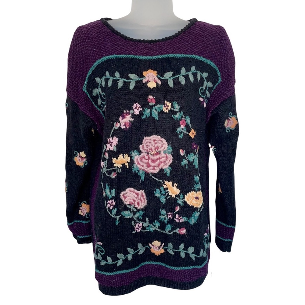 Vintage Casual Corner Embroidered Sweater Rose Flower Floral Popcorn Knit Art